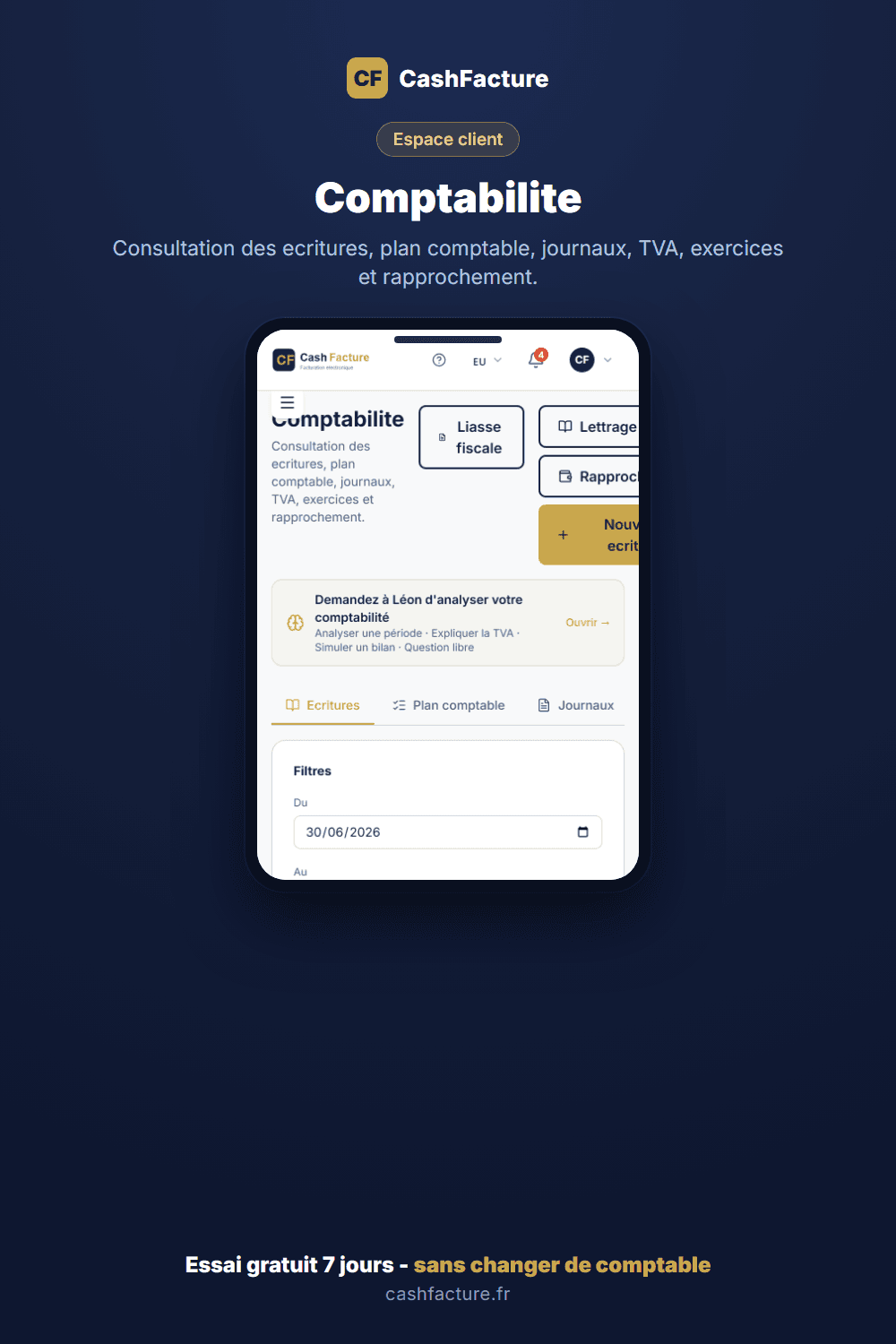 Module comptabilité CashFacture tenu par l'agent Léon