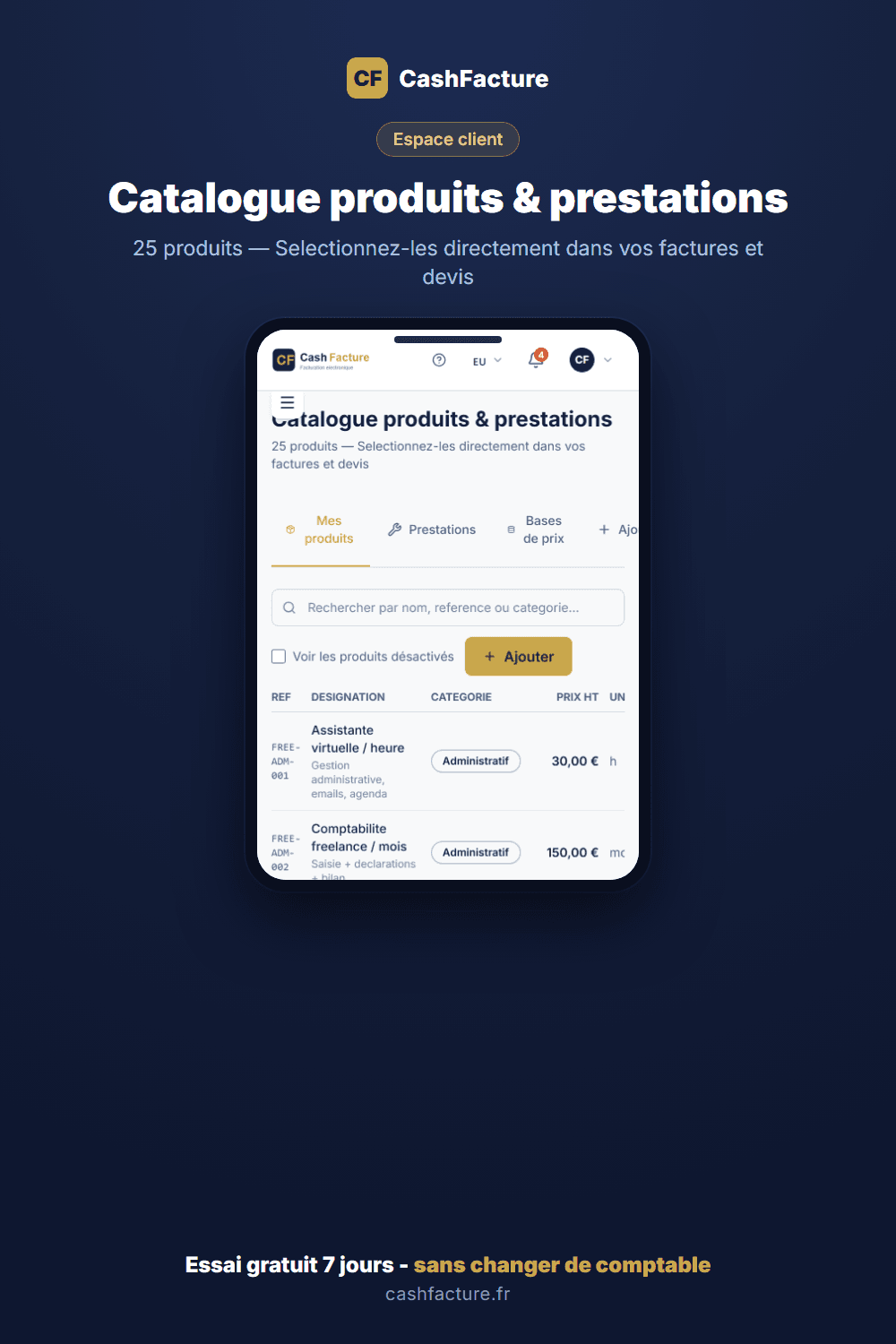 Catalogue de produits et prestations CashFacture